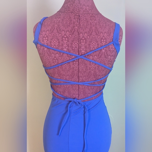 NWT Halara Aster Blue Backless Crisscross Lace Up Split Bodycon Midi Dress, US S - Picture 4 of 6